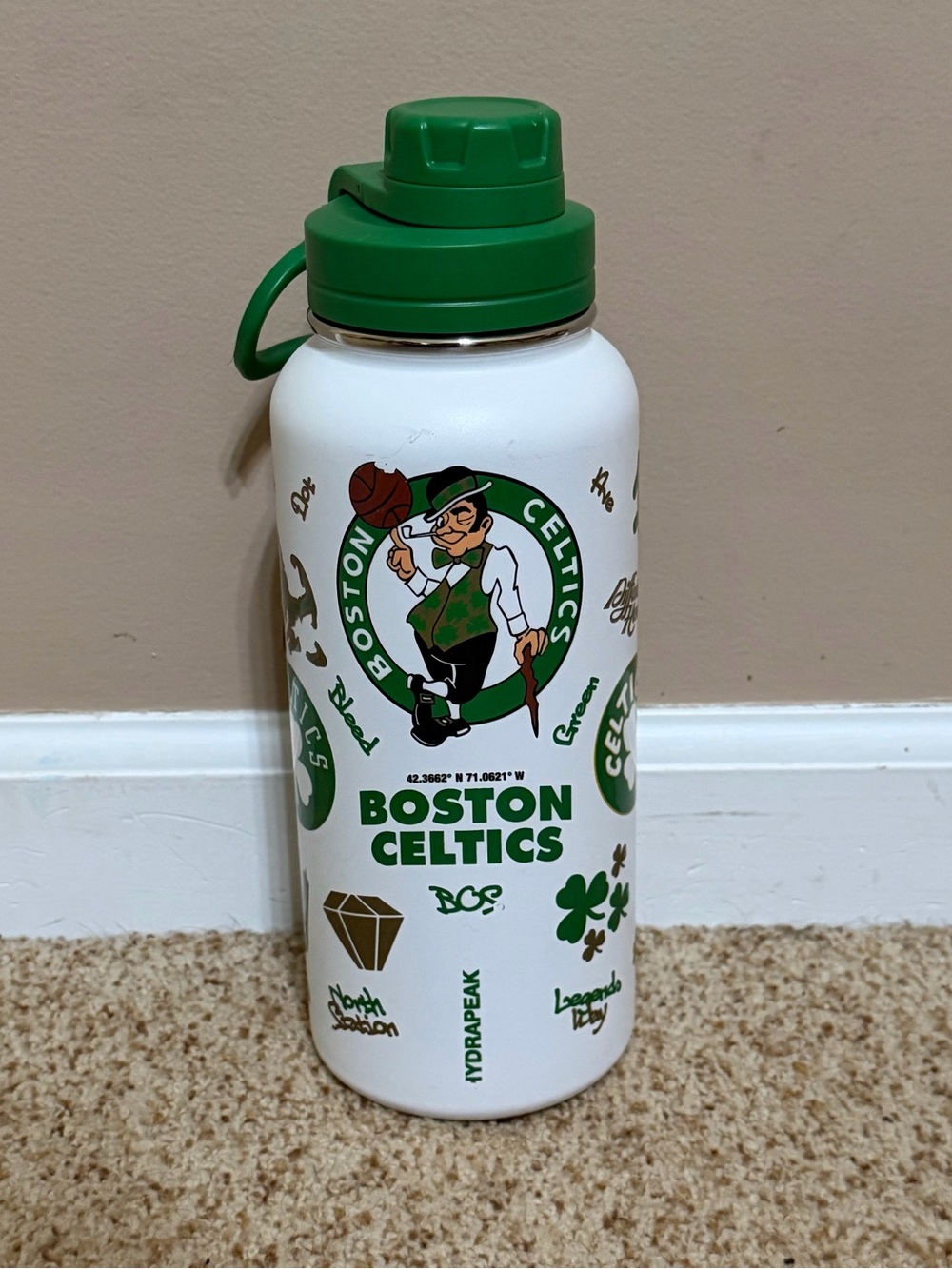 Celtics White & Green Stainless Water Bottle with Handle